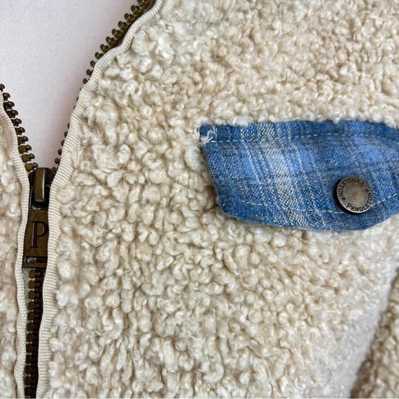 PENDLETON Ivory Fleece Full Zip Jacket Sz Large Wool Plaid‎ Lined Sherpa Coat - Picture 4 of 12